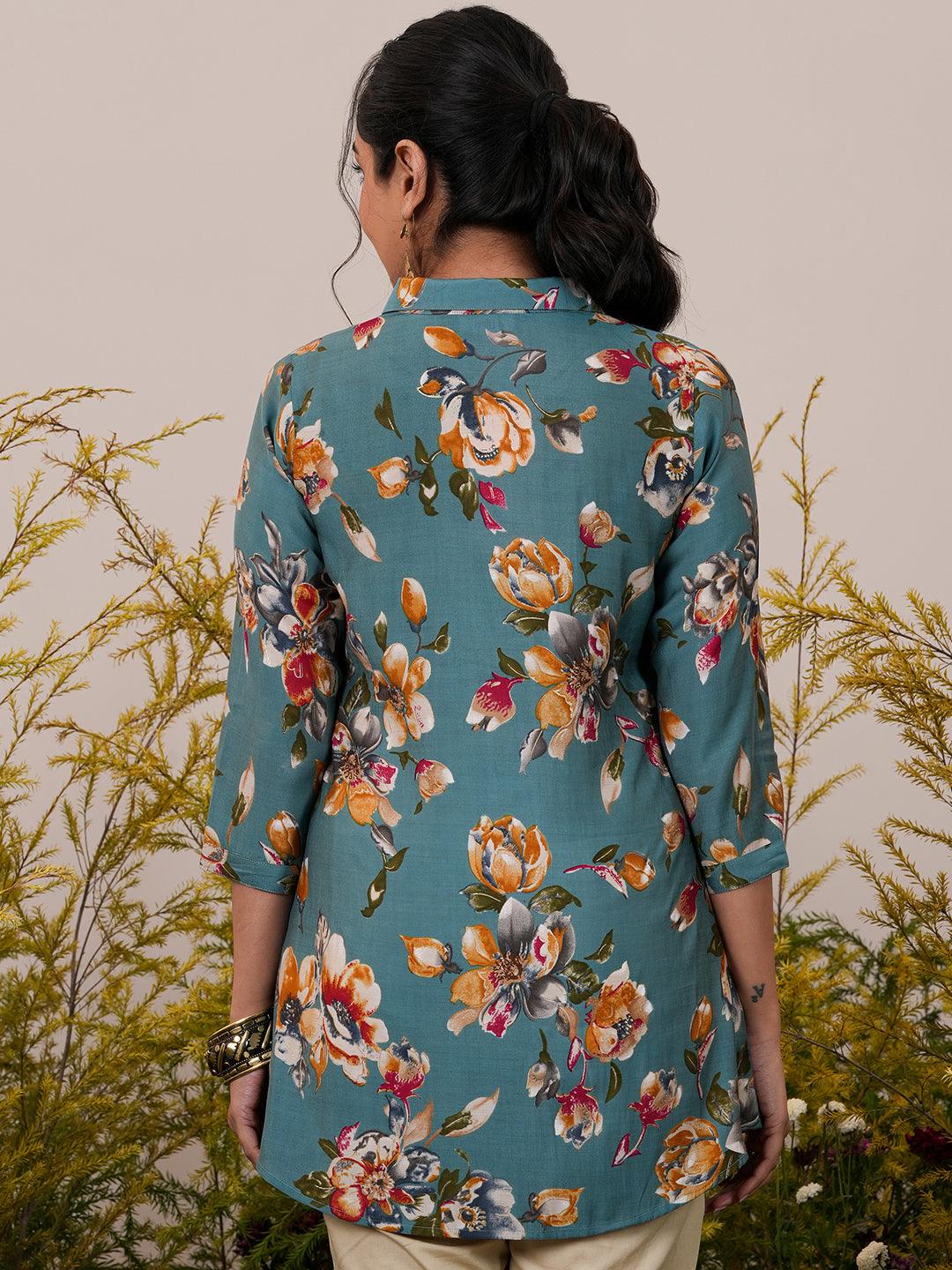 Blue Printed Silk Blend A-Line Kurti - Libas 