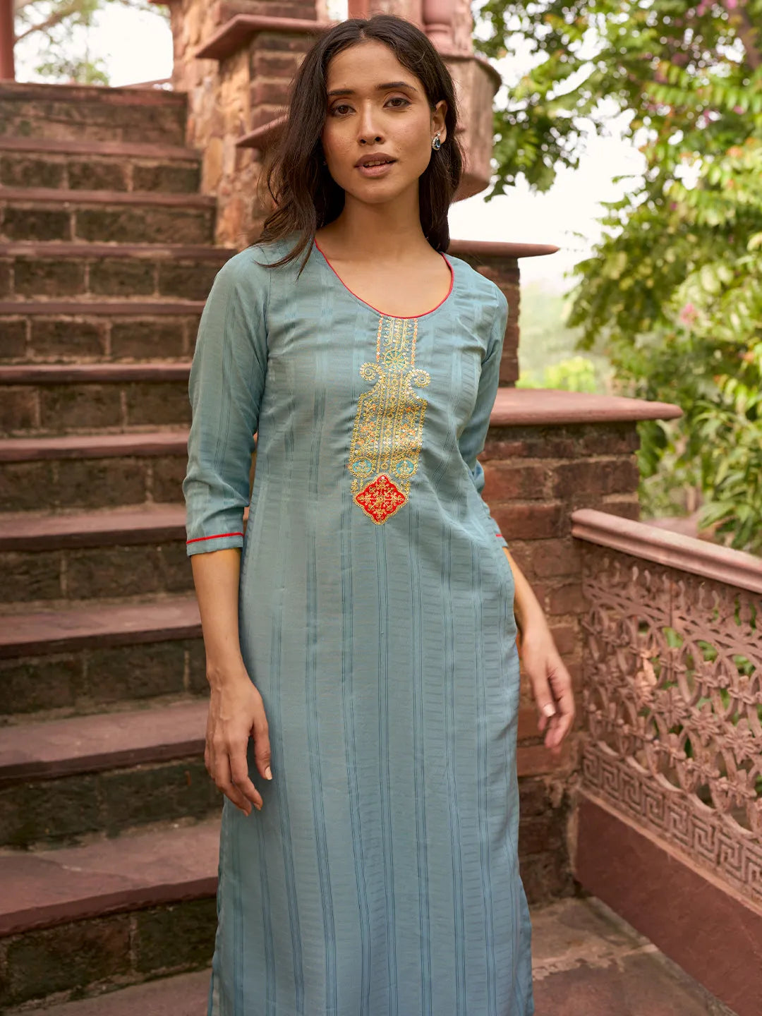  Blue Yoke Design Silk Straight Kurta 