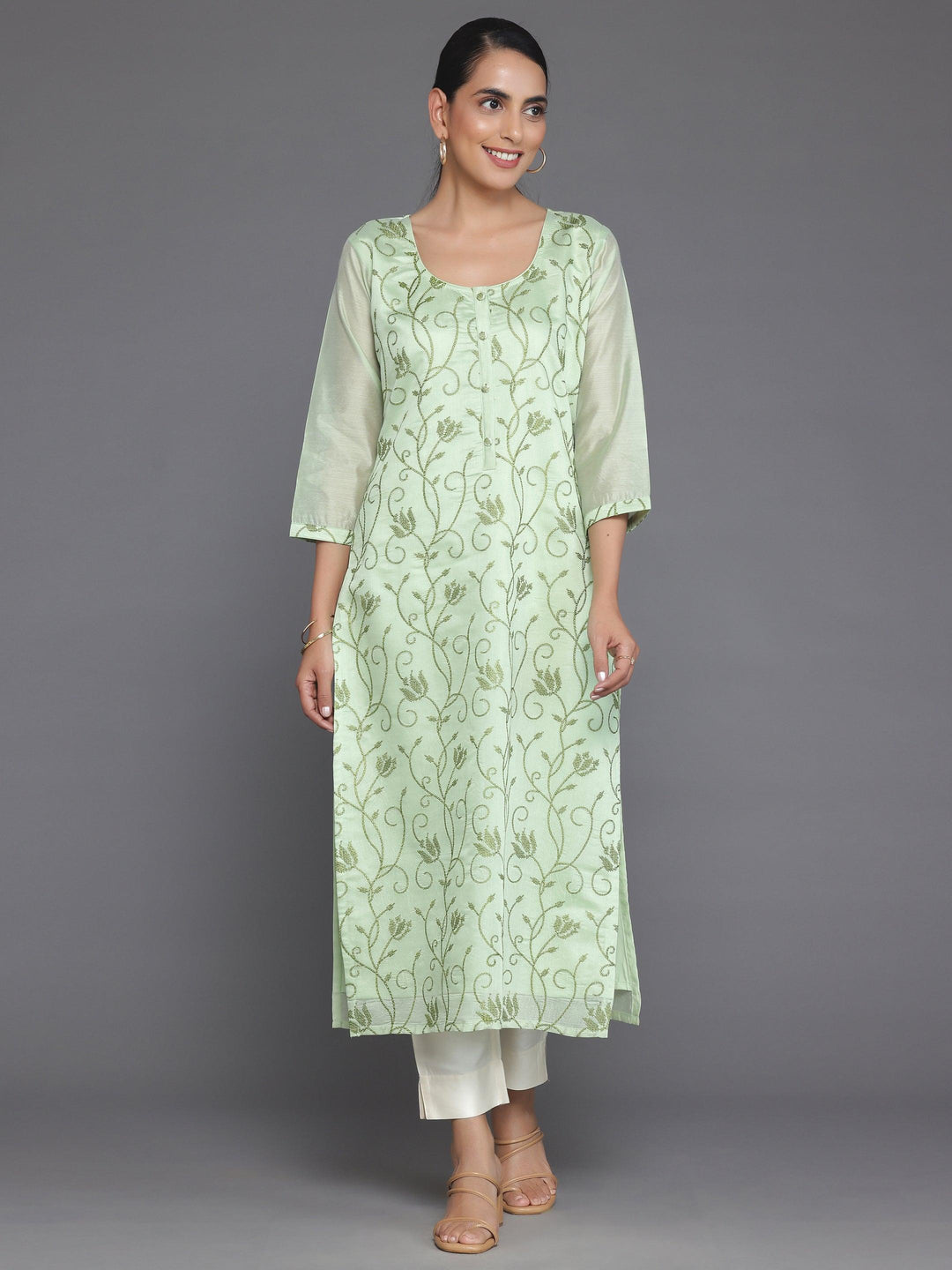 Green Embroidered Silk Straight Kurta - Libas 