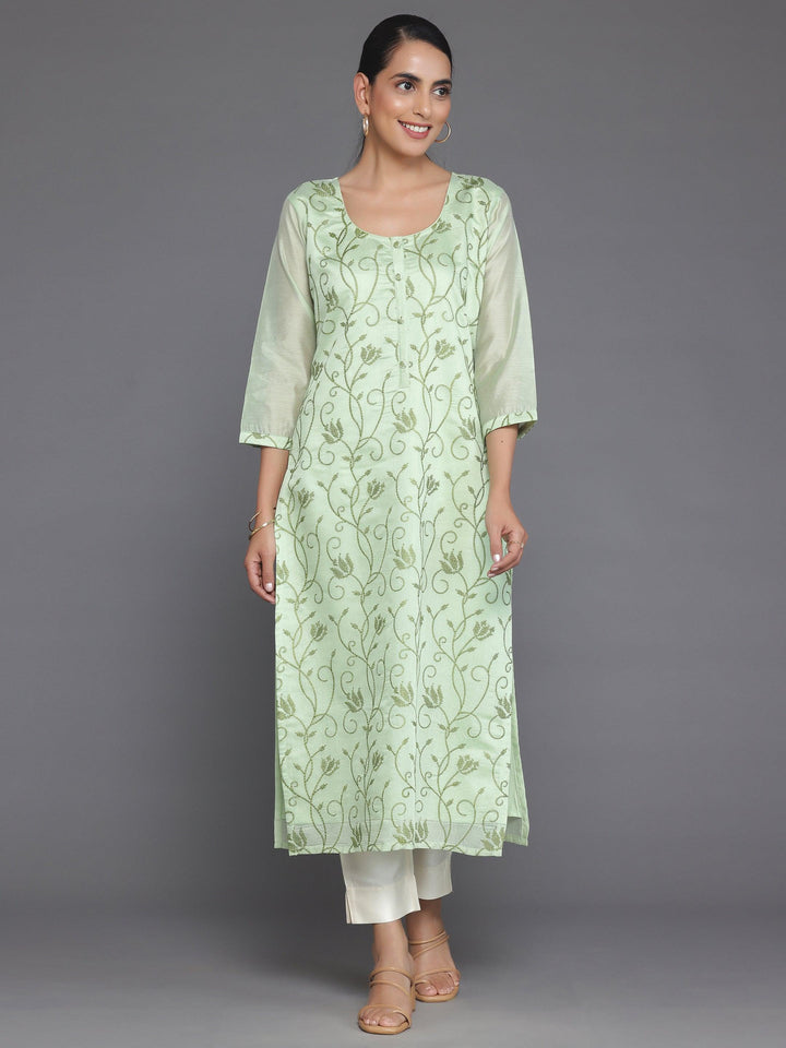 Green Embroidered Silk Straight Kurta - Libas