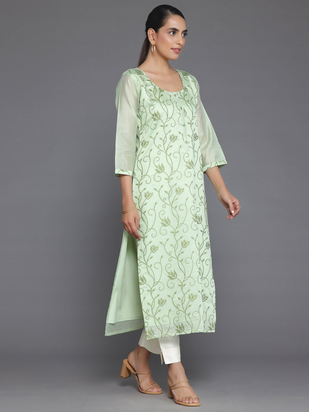 Green Embroidered Silk Straight Kurta - Libas 