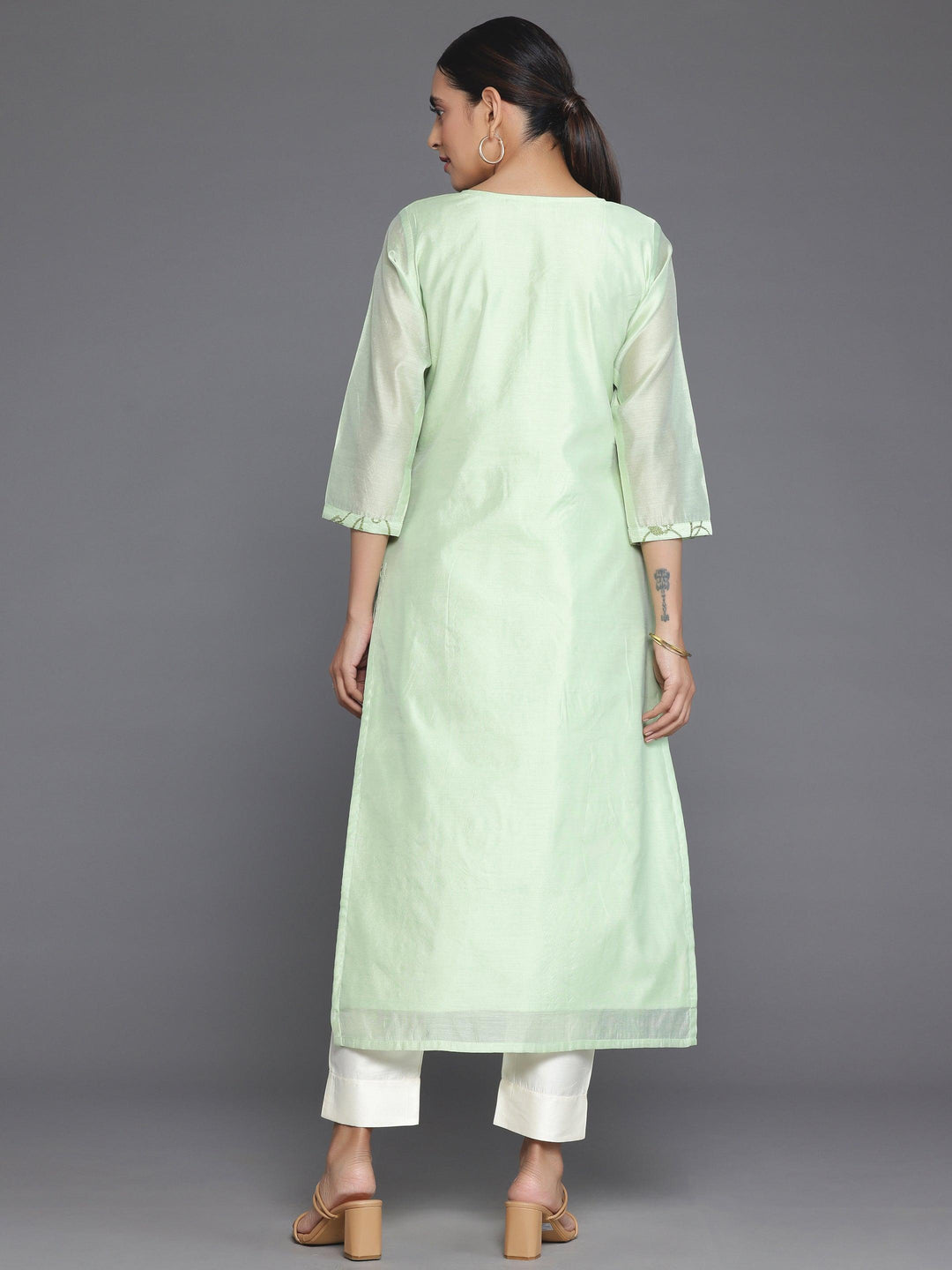 Green Embroidered Silk Straight Kurta - Libas