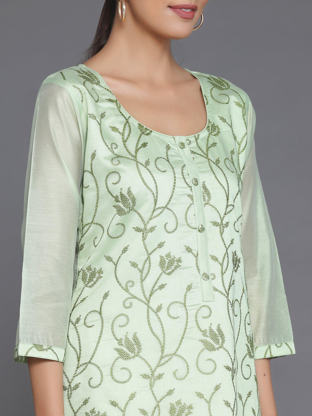 Green Embroidered Silk Straight Kurta - Libas 