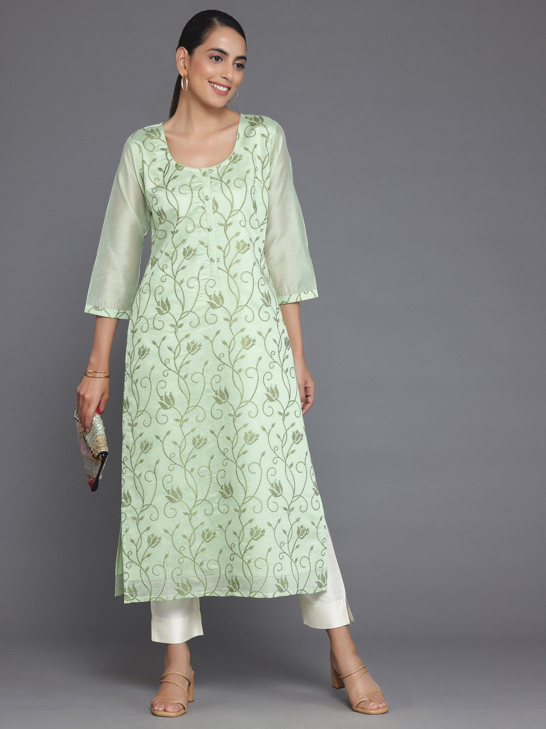 Green Embroidered Silk Straight Kurta - Libas 