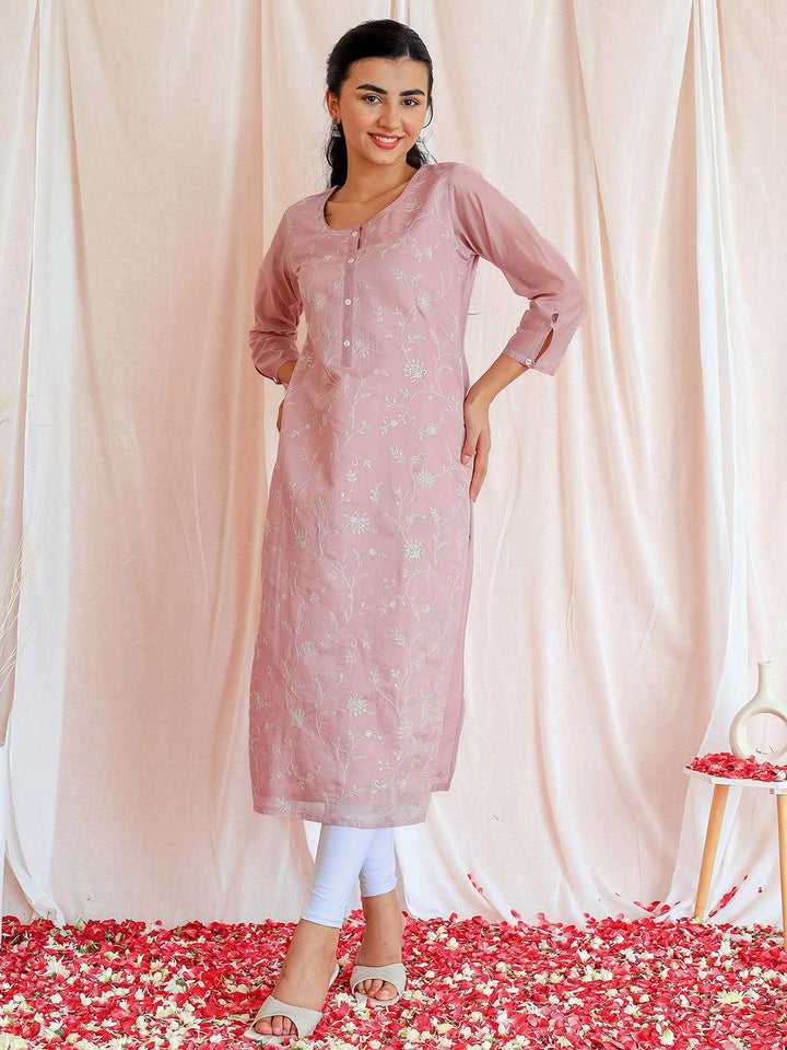 Mauve Embroidered Silk Straight Kurta - Libas