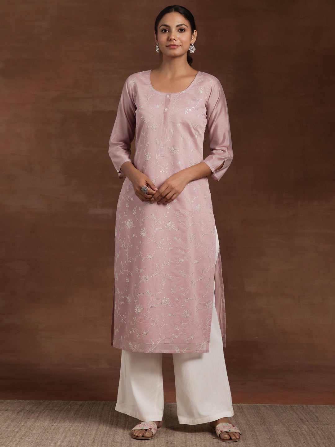 Mauve Embroidered Silk Straight Kurta - Libas