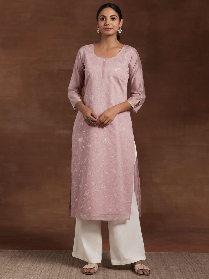 Mauve Embroidered Silk Straight Kurta - Libas