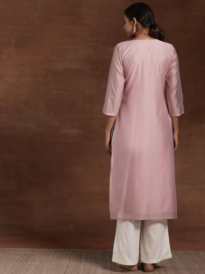 Mauve Embroidered Silk Straight Kurta - Libas