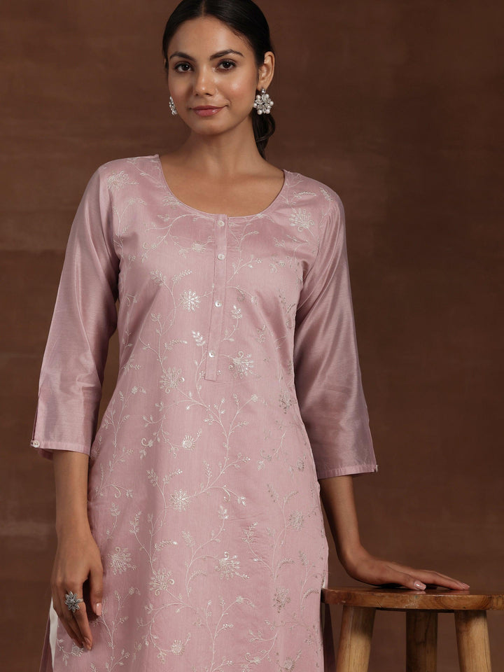 Mauve Embroidered Silk Straight Kurta - Libas