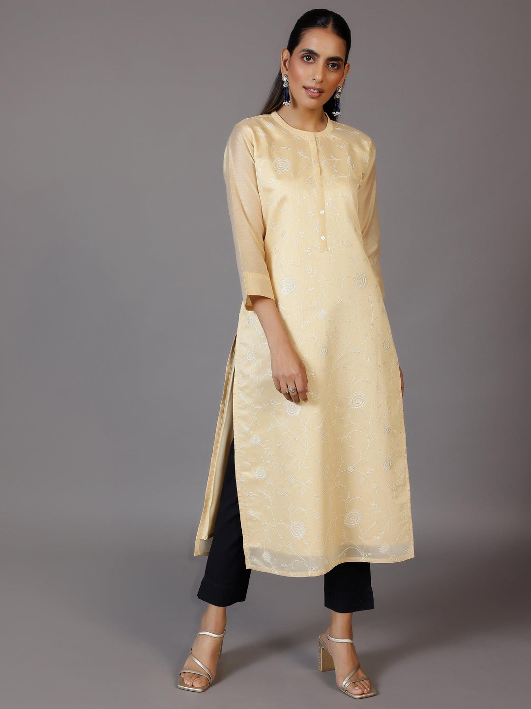 Gold Embroidered Silk Straight Kurta - Libas 