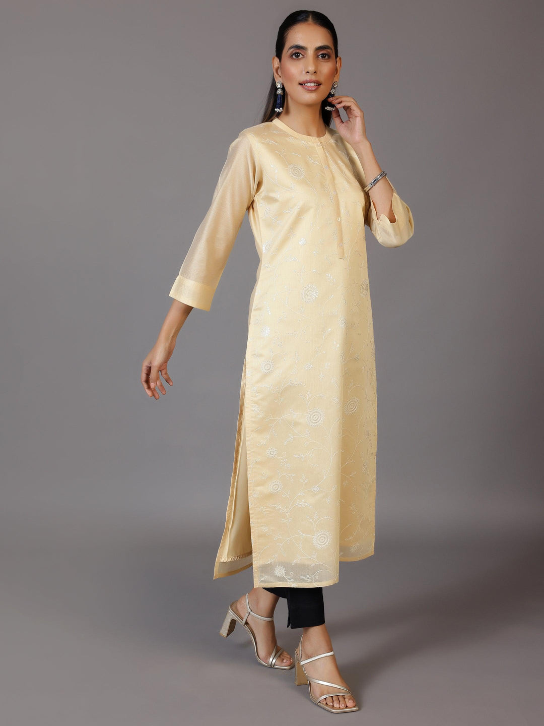 Gold Embroidered Silk Straight Kurta - Libas 