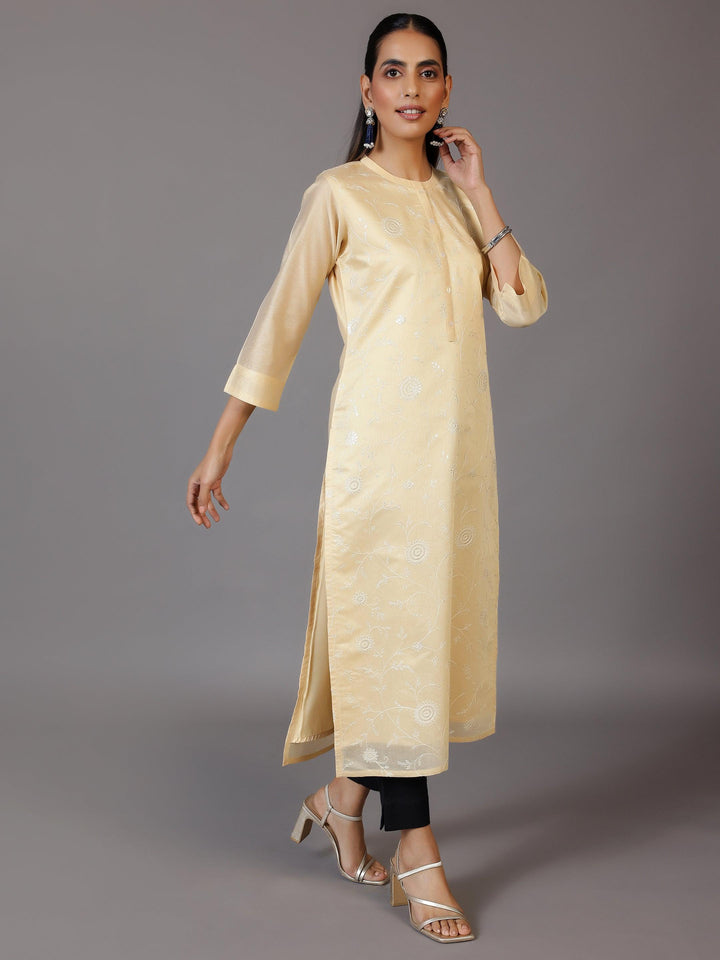 Gold Embroidered Silk Straight Kurta - Libas