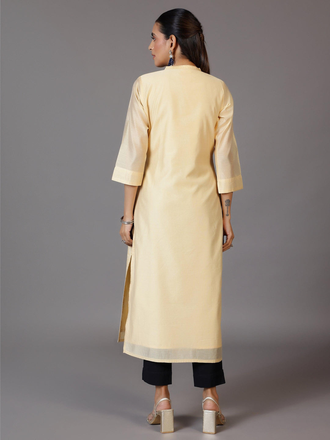 Gold Embroidered Silk Straight Kurta - Libas