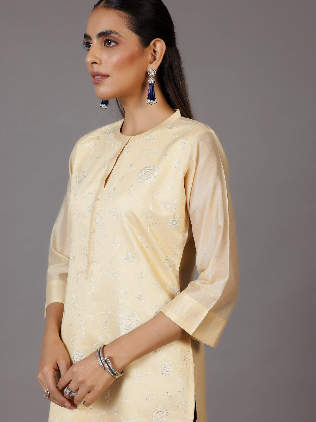 Gold Embroidered Silk Straight Kurta - Libas 