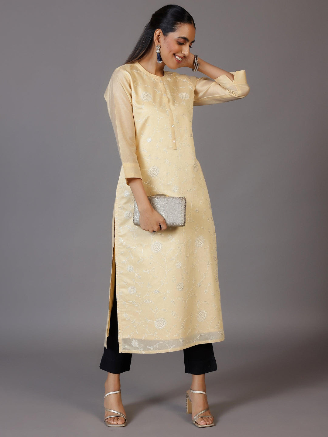 Gold Embroidered Silk Straight Kurta - Libas 