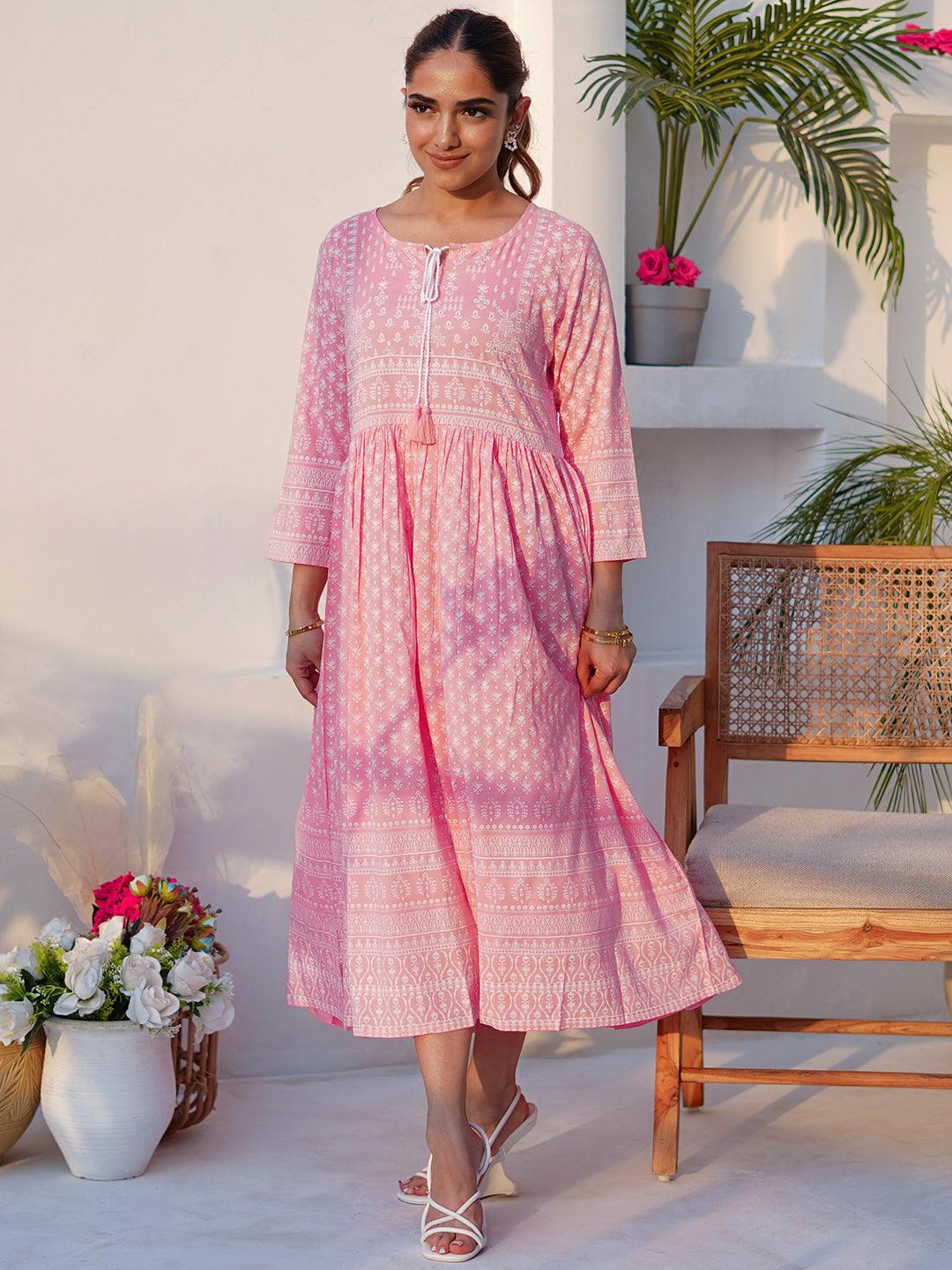 Pink Printed Cotton Fit and Flare Dress - Libas 