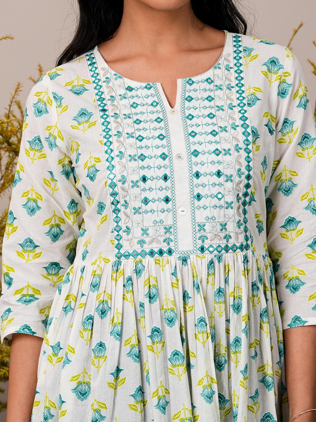 White Printed Cotton Fit and Flare Dress - Libas 