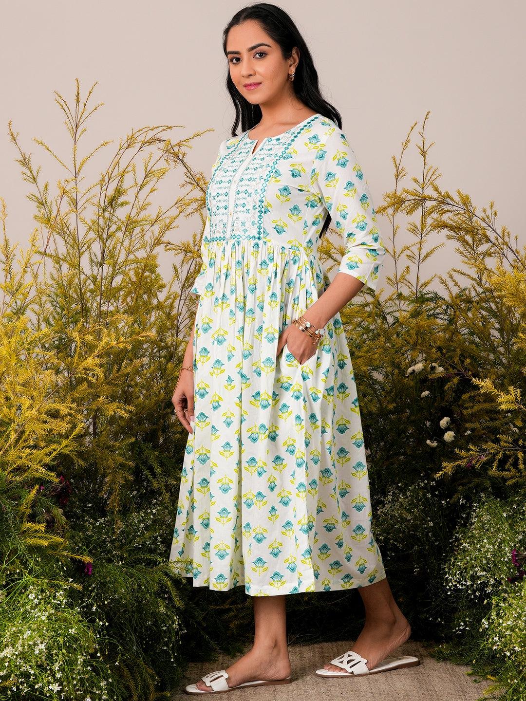 Buy White Printed Cotton Fit and Flare Dress Online at Rs.968 | Libas