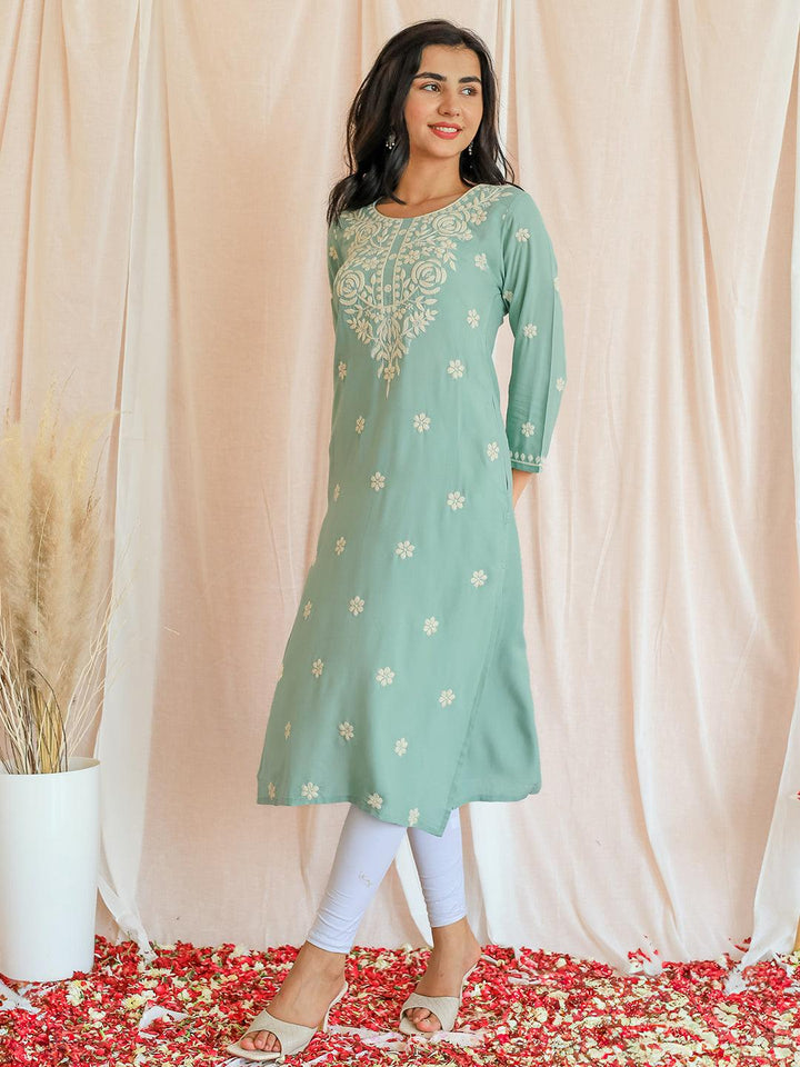 Green Embroidered Rayon Straight Kurta - Libas