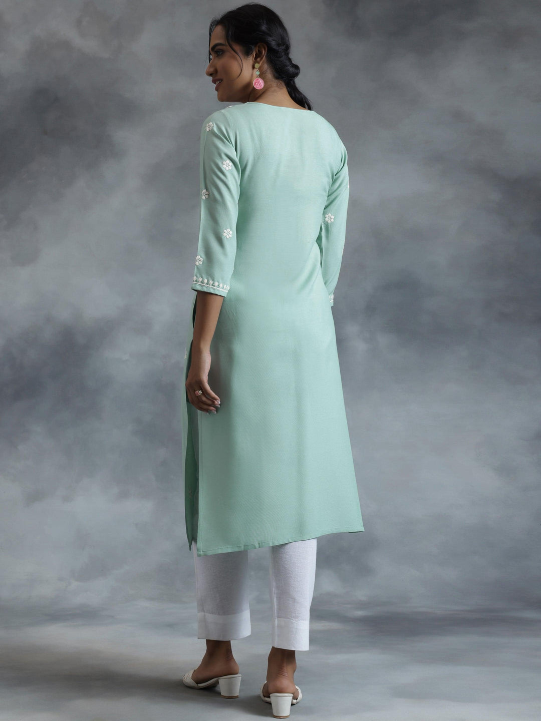 Green Embroidered Rayon Straight Kurta - Libas