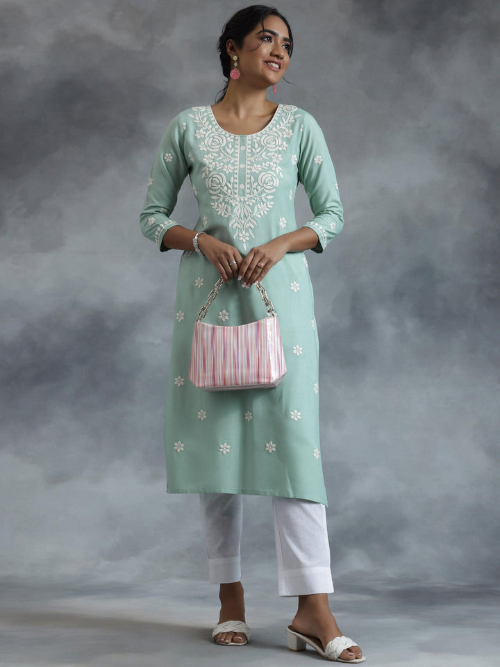 Green Embroidered Rayon Straight Kurta - Libas