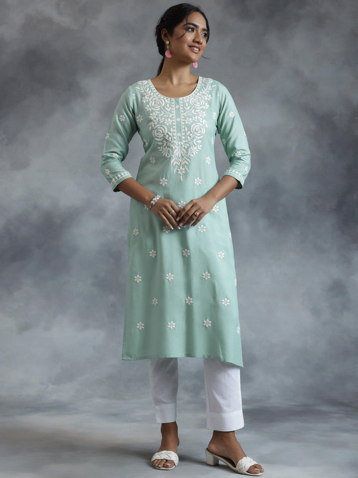 Green Embroidered Rayon Straight Kurta - Libas