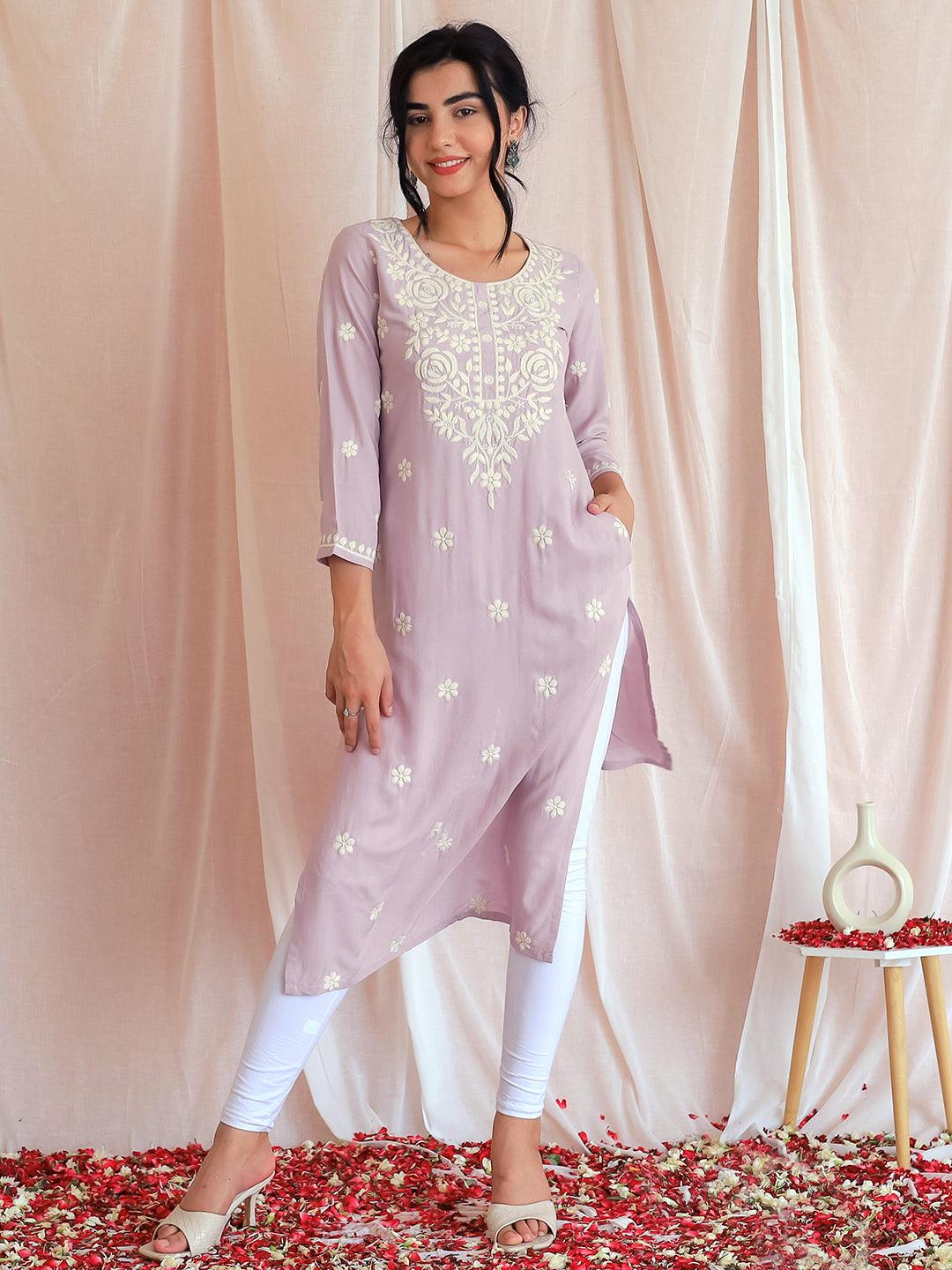 Mauve Embroidered Rayon Straight Kurta - Libas 