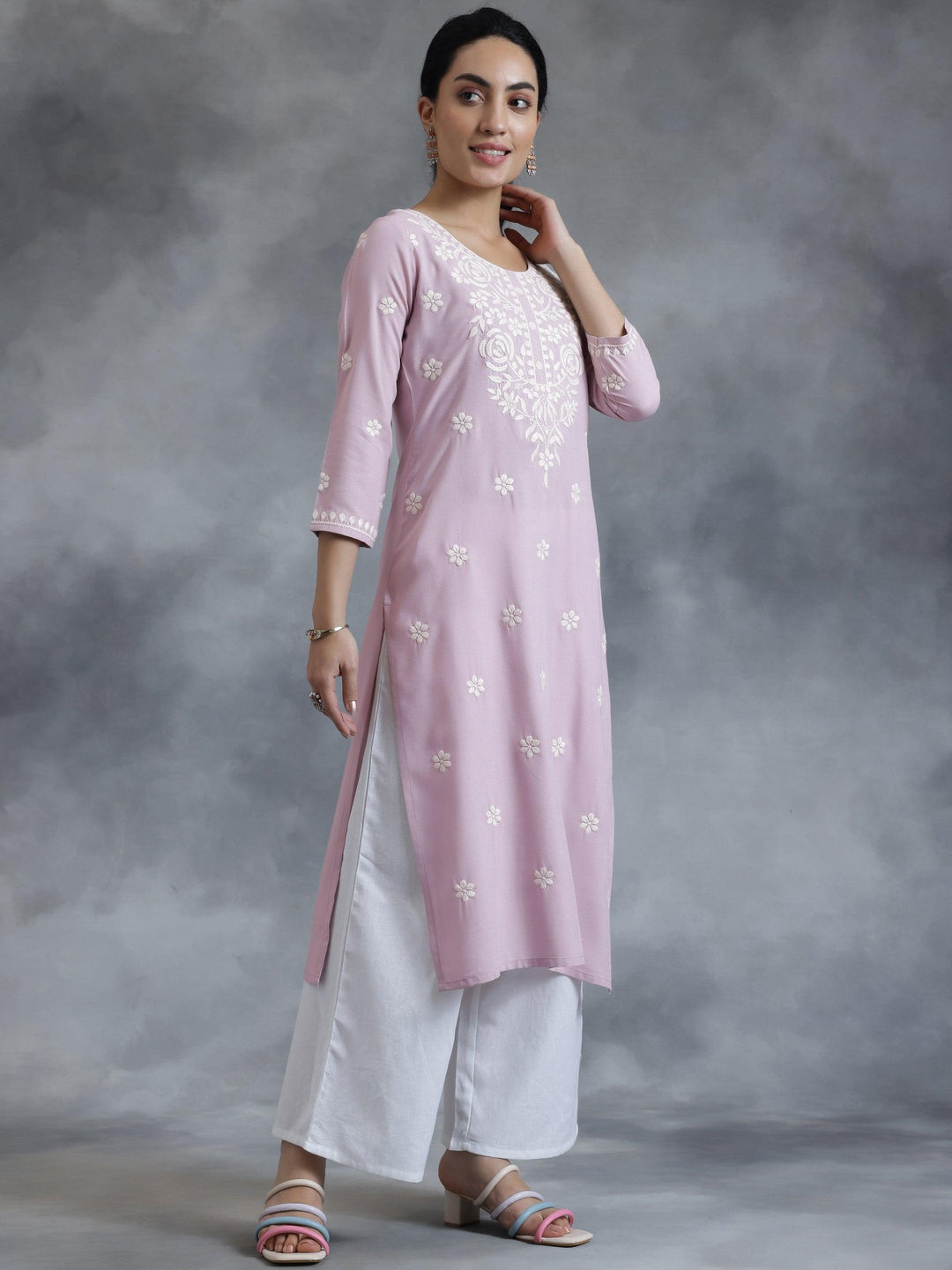 Mauve Embroidered Rayon Straight Kurta - Libas