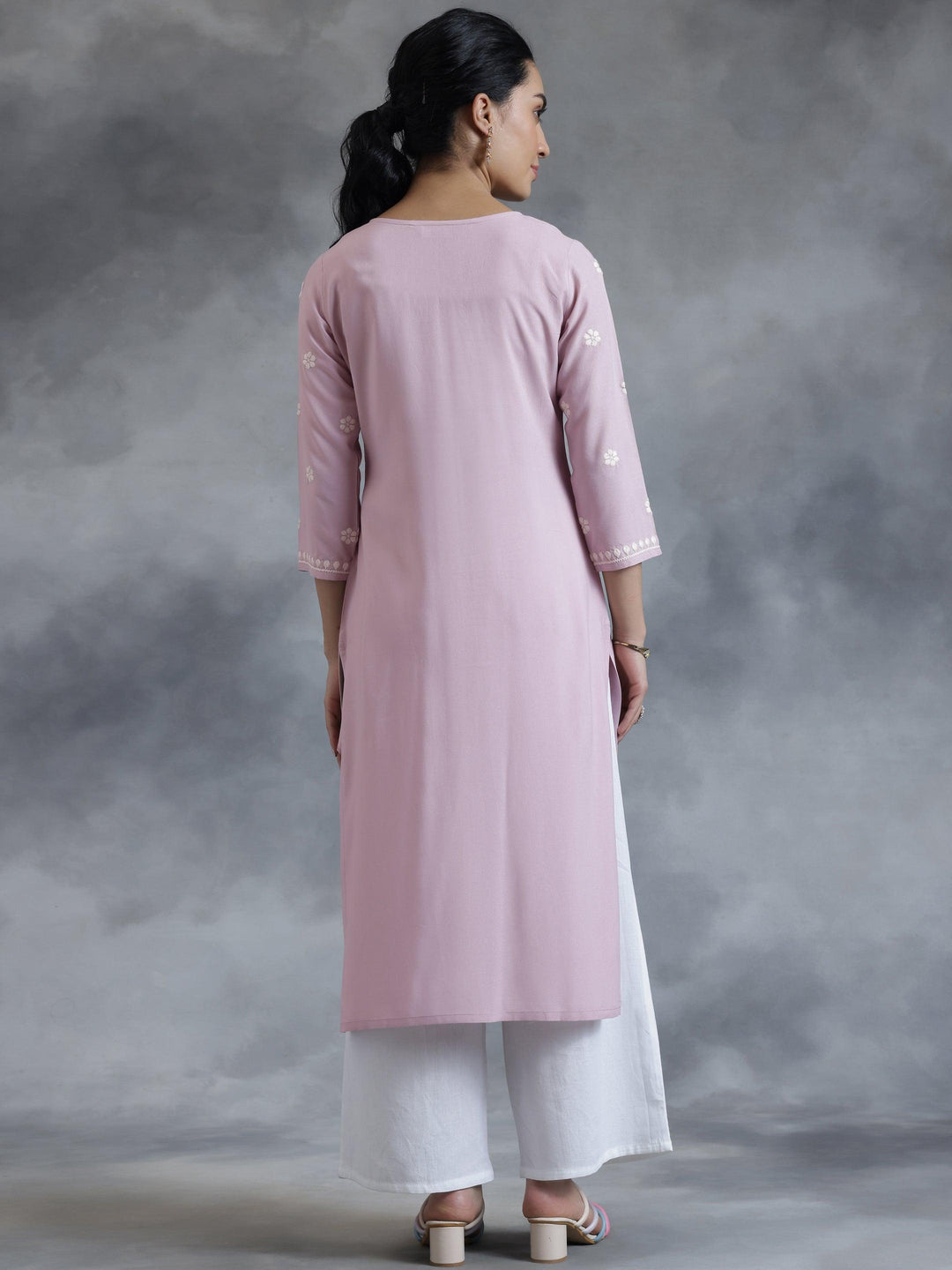 Mauve Embroidered Rayon Straight Kurta - Libas 