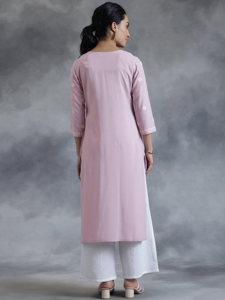 Mauve Embroidered Rayon Straight Kurta - Libas