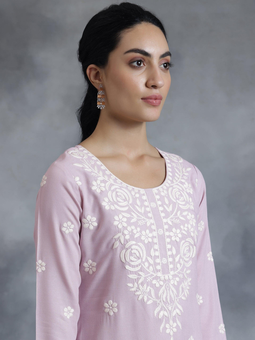 Mauve Embroidered Rayon Straight Kurta - Libas