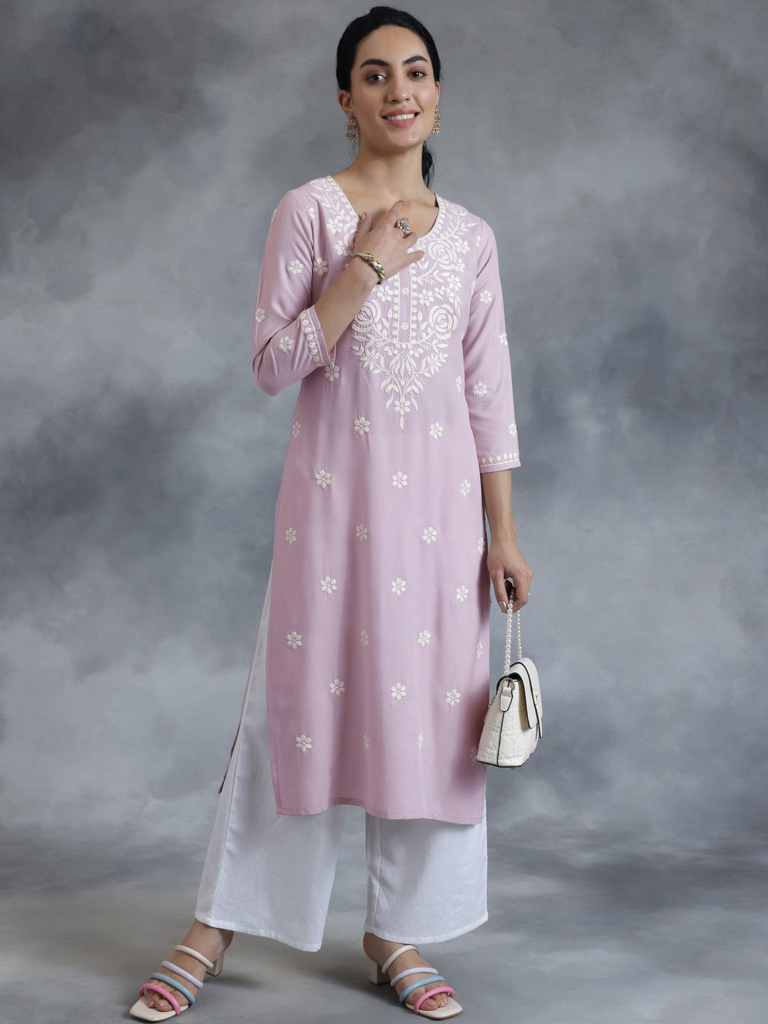 Mauve Embroidered Rayon Straight Kurta - Libas 