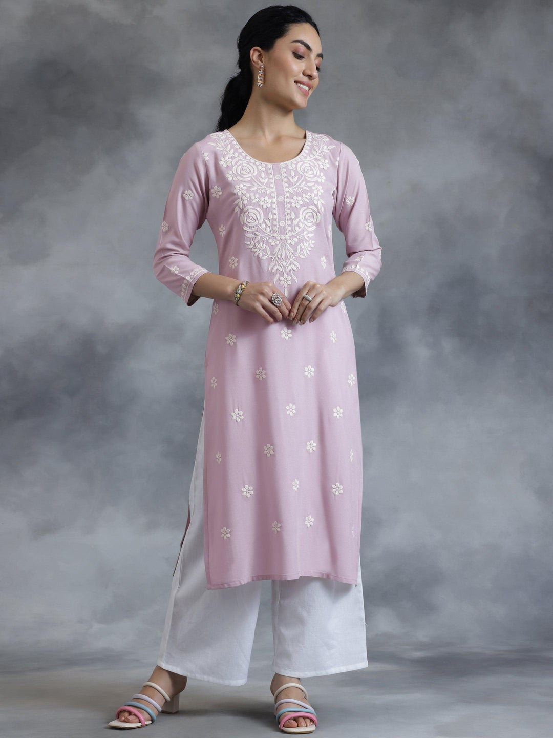 Mauve Embroidered Rayon Straight Kurta - Libas 