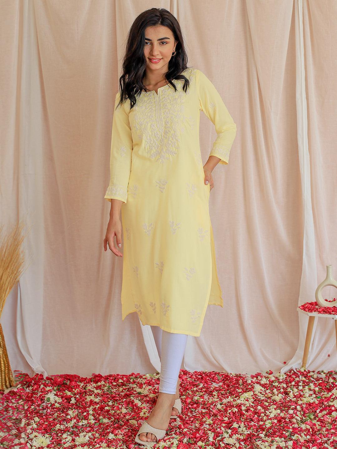 Yellow Embroidered Rayon Straight Kurta - Libas