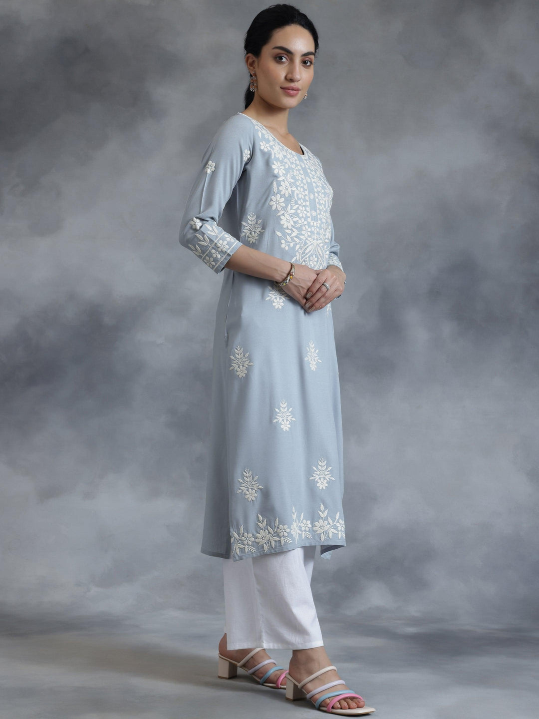 Stone Blue Embroidered Rayon Straight Kurta - Libas