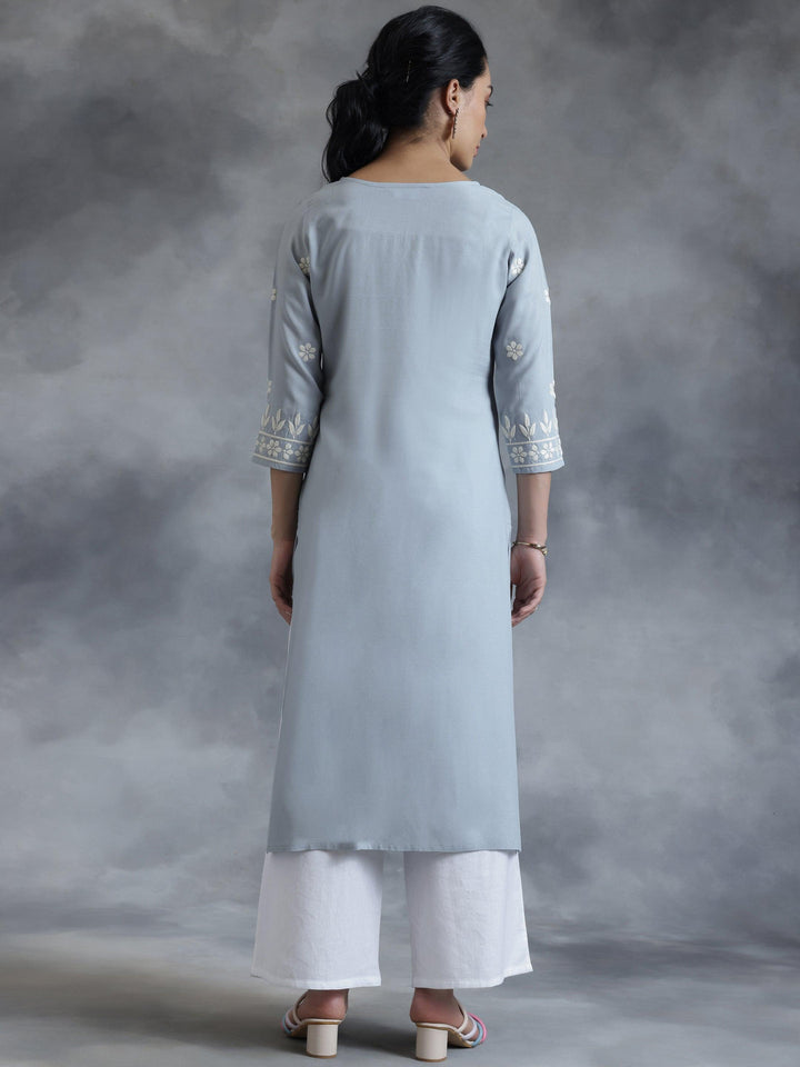 Stone Blue Embroidered Rayon Straight Kurta - Libas