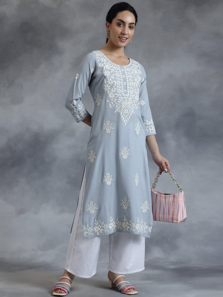 Stone Blue Embroidered Rayon Straight Kurta - Libas