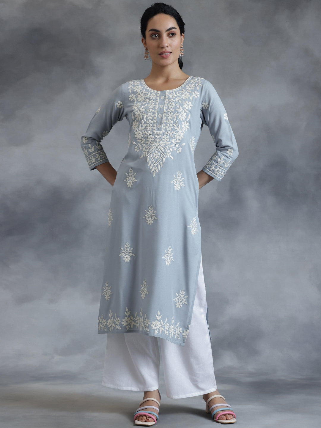 Stone Blue Embroidered Rayon Straight Kurta - Libas