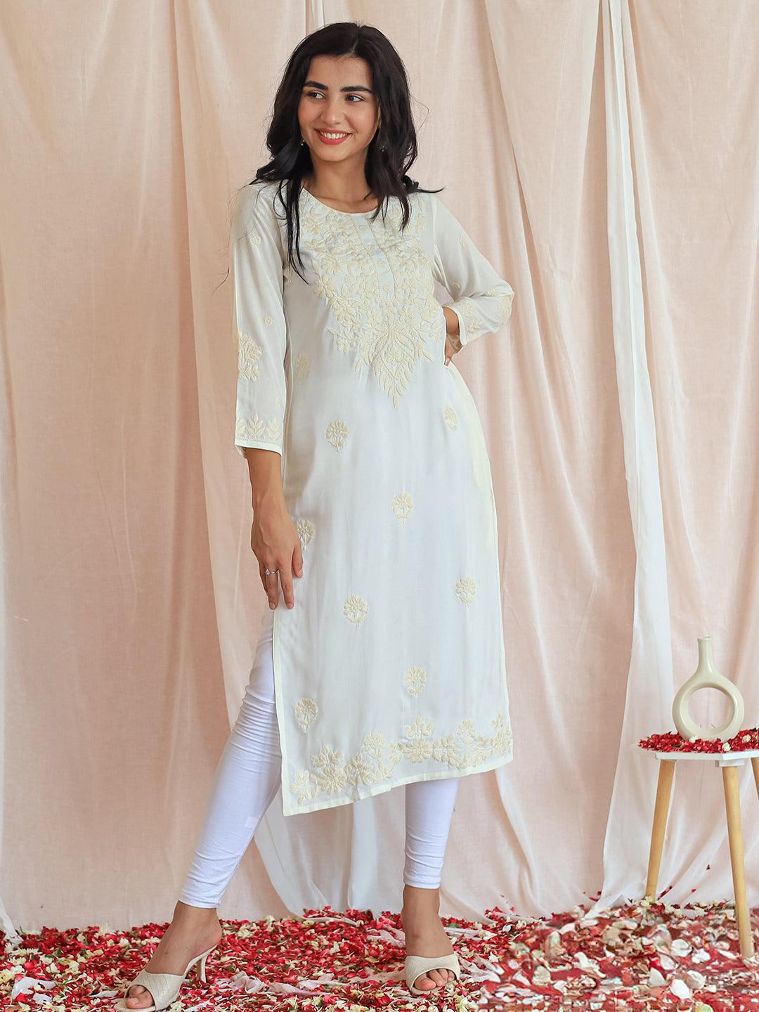 Off White Embroidered Rayon Straight Kurta - Libas 