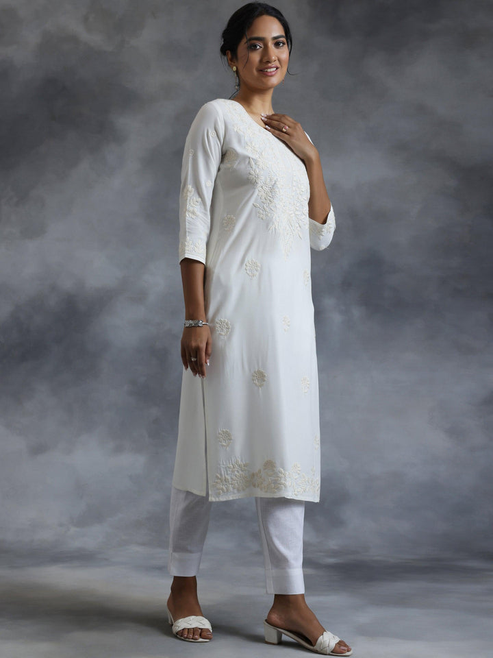 Off White Embroidered Rayon Straight Kurta - Libas