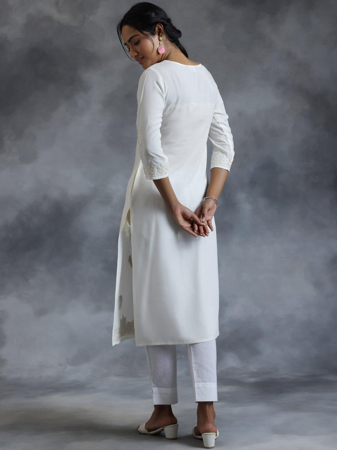 Off White Embroidered Rayon Straight Kurta - Libas