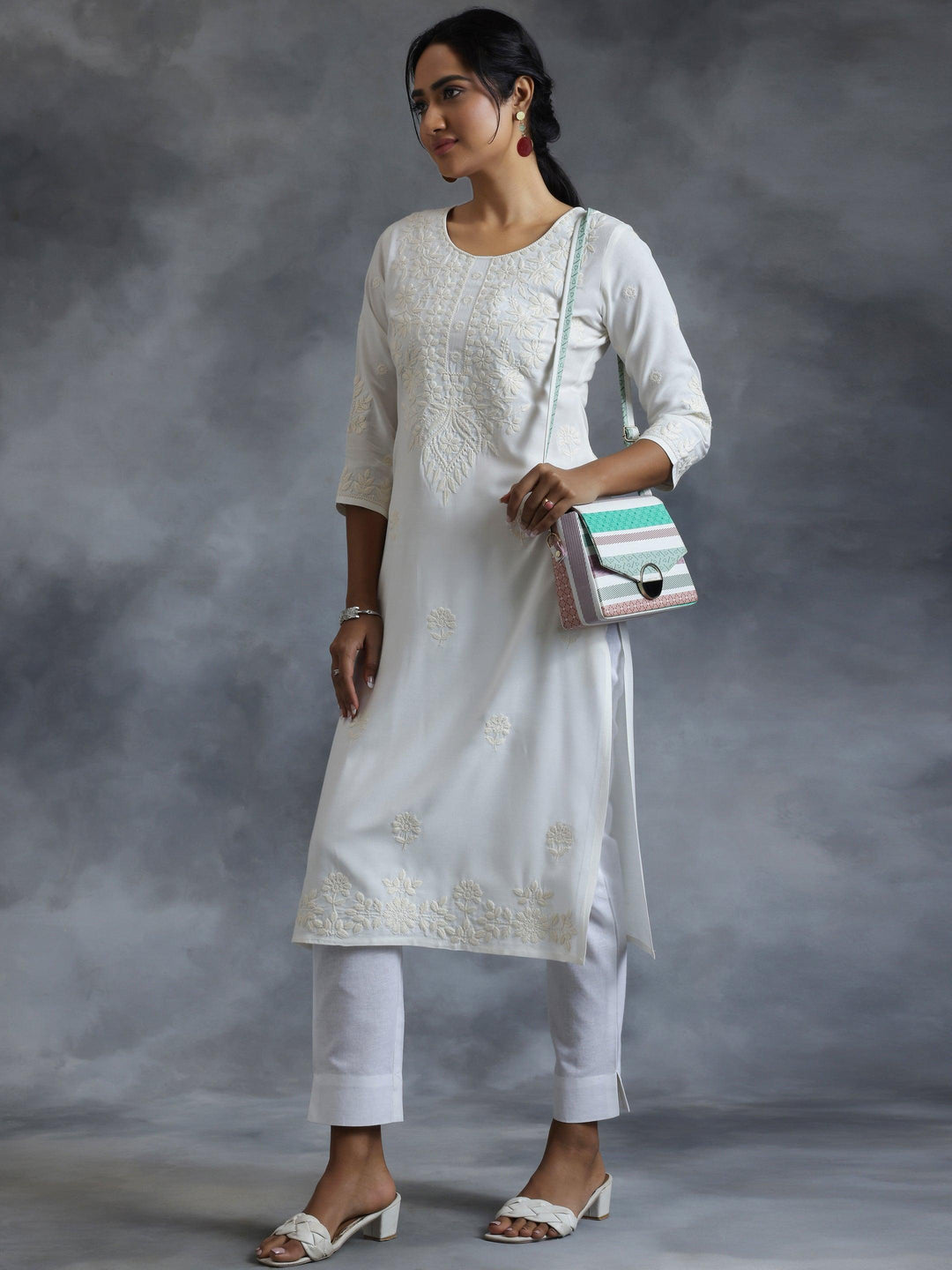 Off White Embroidered Rayon Straight Kurta - Libas 