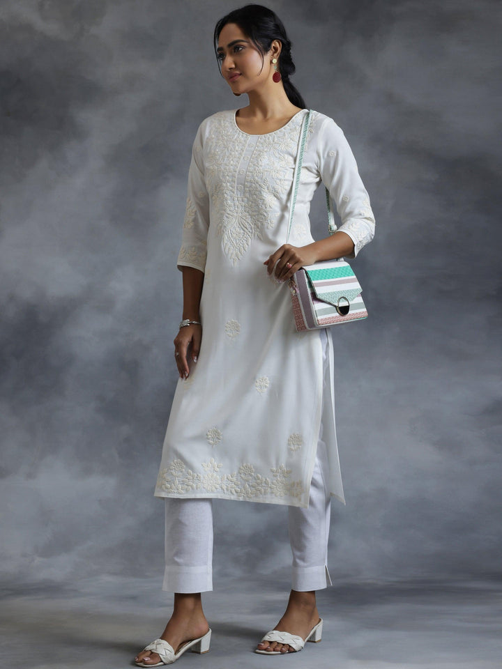 Off White Embroidered Rayon Straight Kurta - Libas