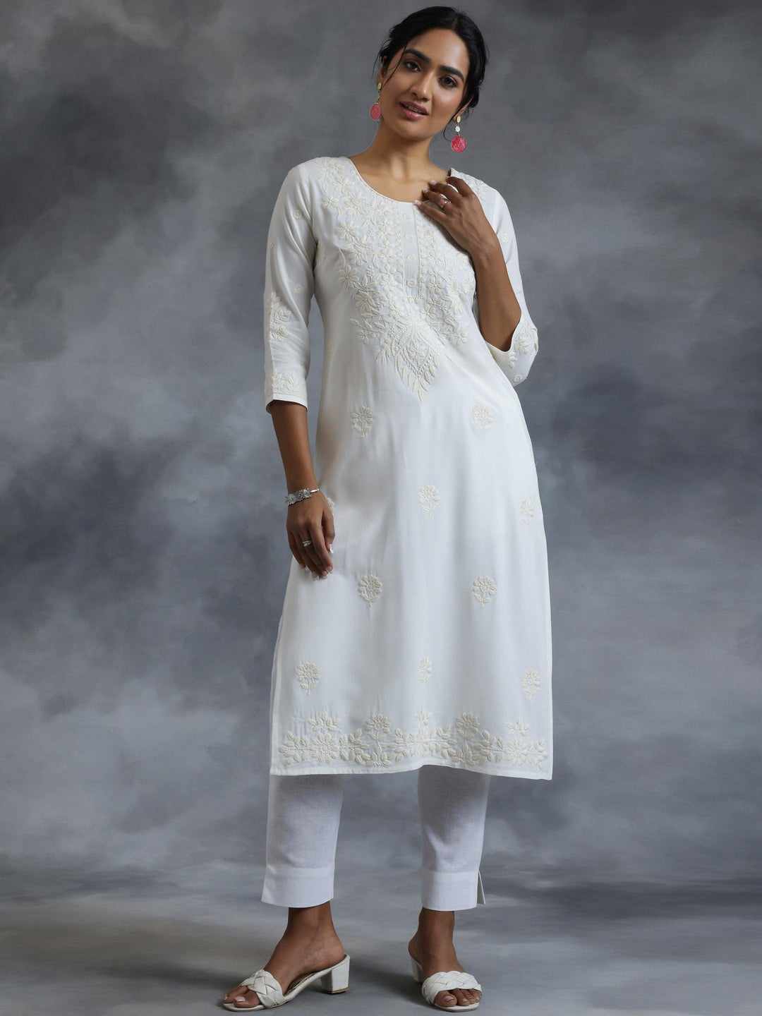 Off White Embroidered Rayon Straight Kurta - Libas 