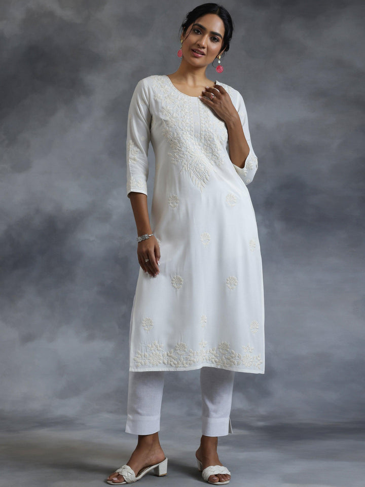 Off White Embroidered Rayon Straight Kurta - Libas