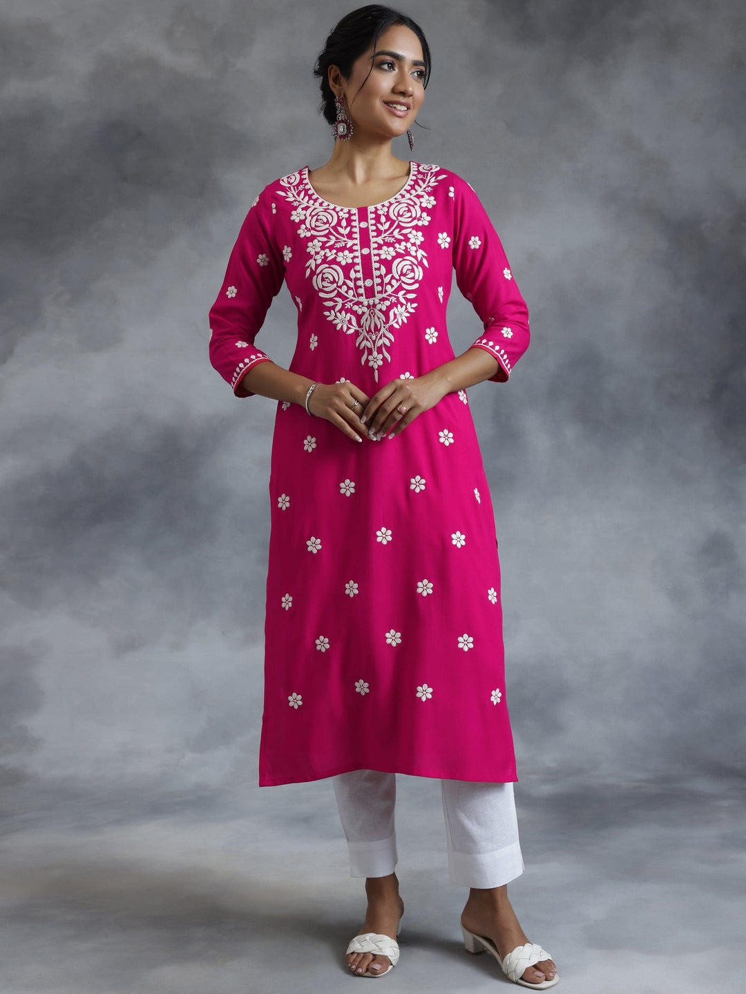 Pink Embroidered Rayon Straight Kurta - Libas 