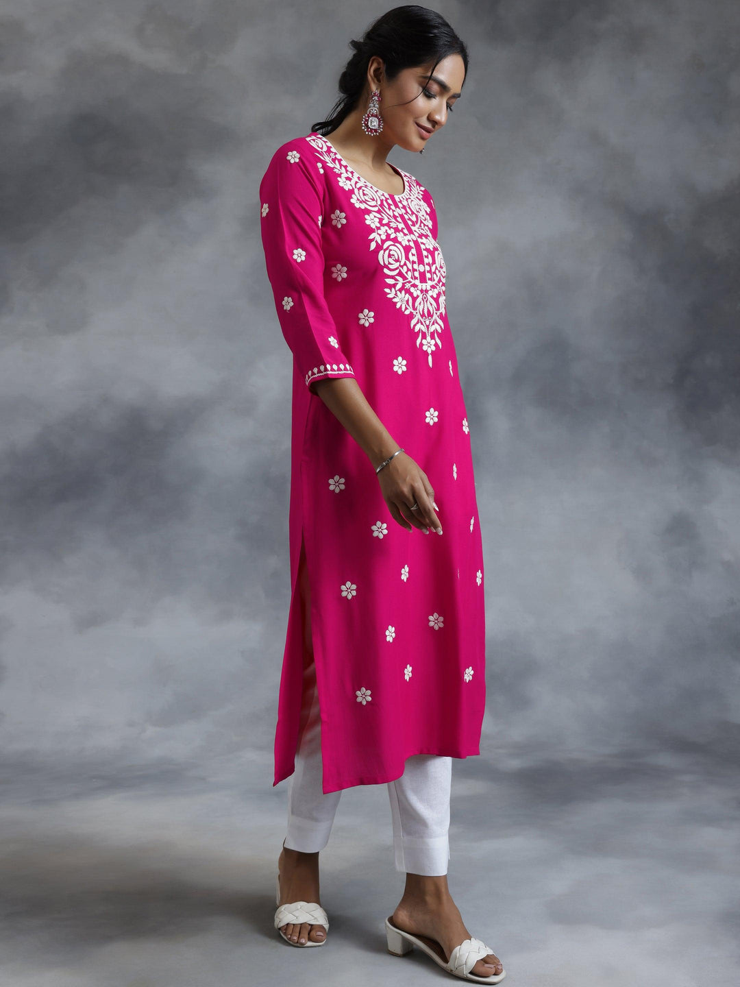 Pink Embroidered Rayon Straight Kurta - Libas 