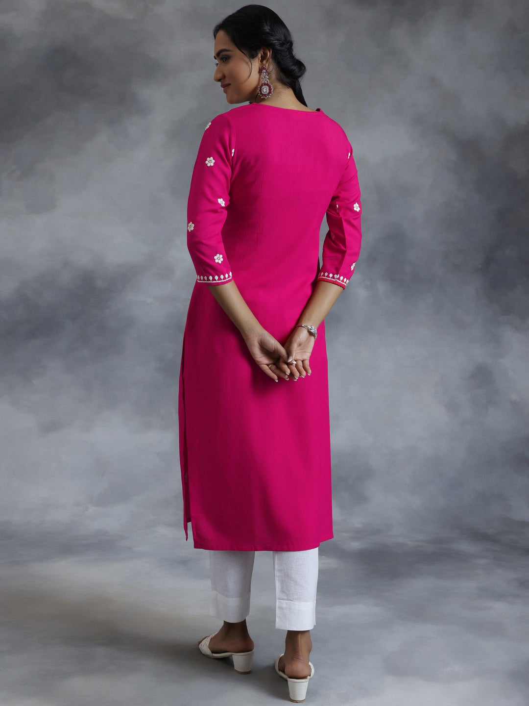 Pink Embroidered Rayon Straight Kurta - Libas 