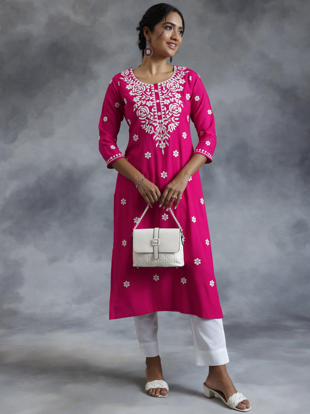 Pink Embroidered Rayon Straight Kurta - Libas