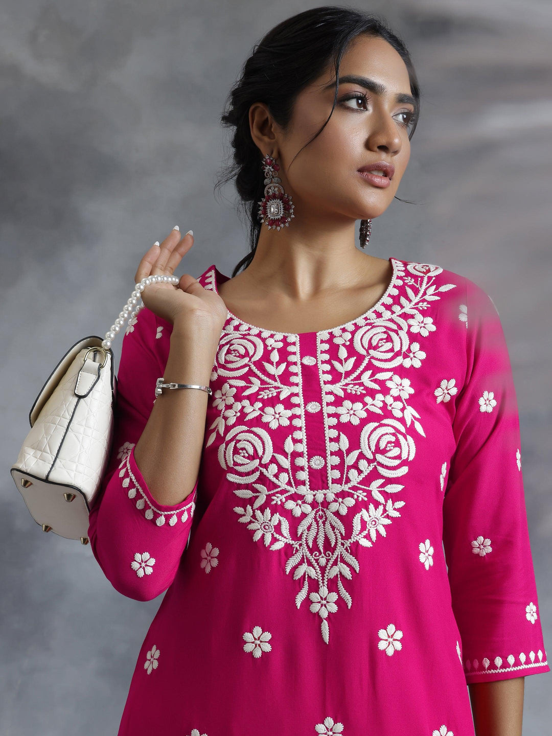 Pink Embroidered Rayon Straight Kurta - Libas 